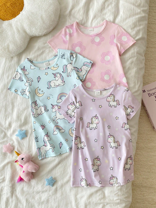 3pcs/Set Baby Girl Pink White Yellow Rainbow Star Unicorn Short Sleeve Nightgown Loungewear Set