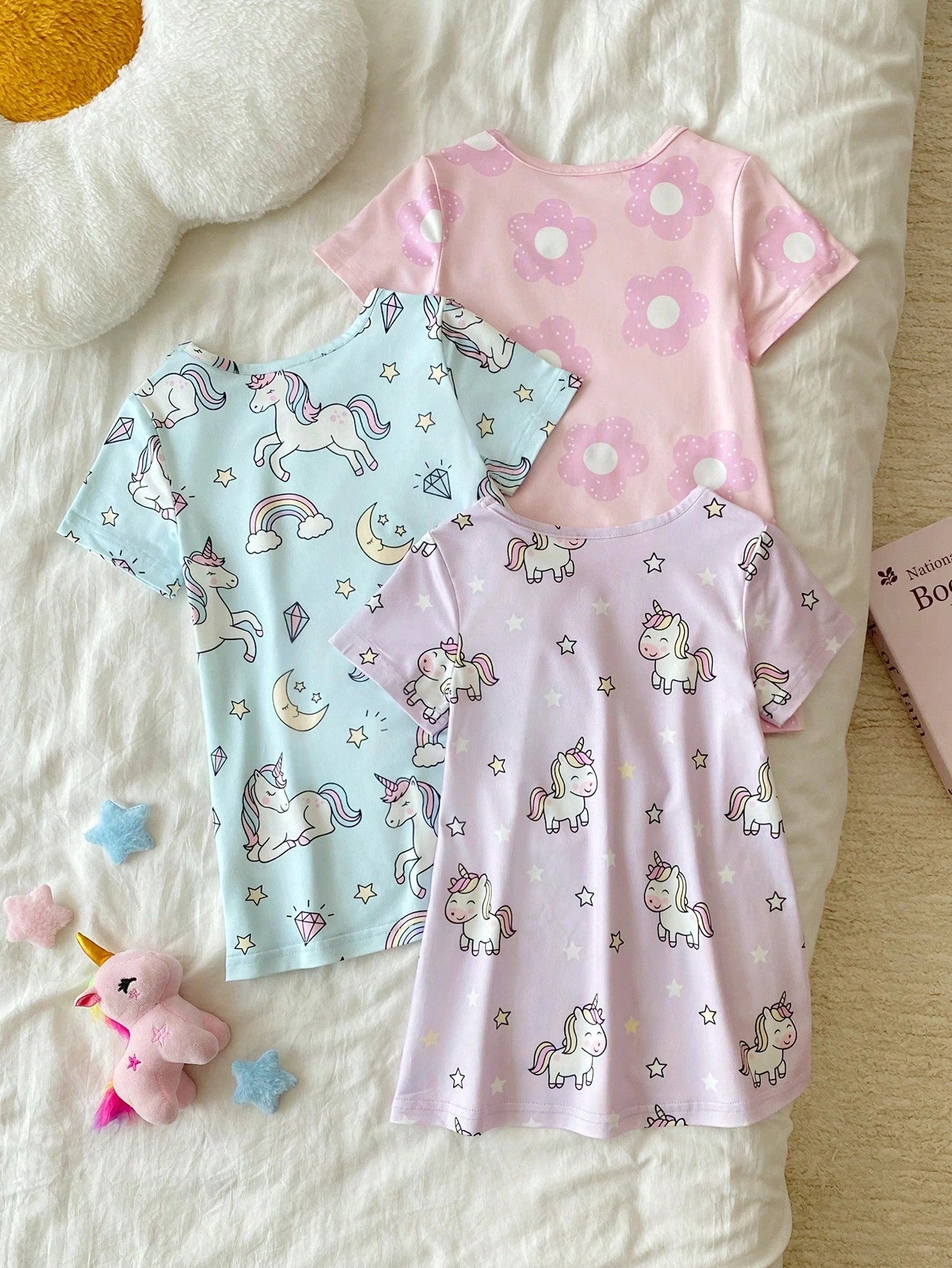 3pcs/Set Baby Girl Pink White Yellow Rainbow Star Unicorn Short Sleeve Nightgown Loungewear Set