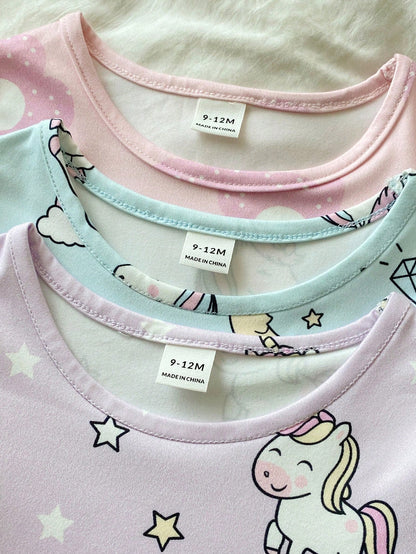 3pcs/Set Baby Girl Pink White Yellow Rainbow Star Unicorn Short Sleeve Nightgown Loungewear Set