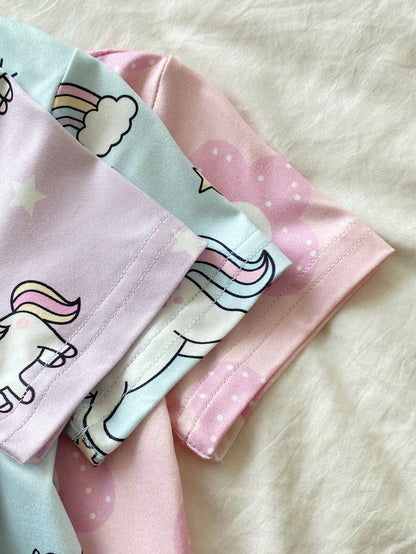 3pcs/Set Baby Girl Pink White Yellow Rainbow Star Unicorn Short Sleeve Nightgown Loungewear Set