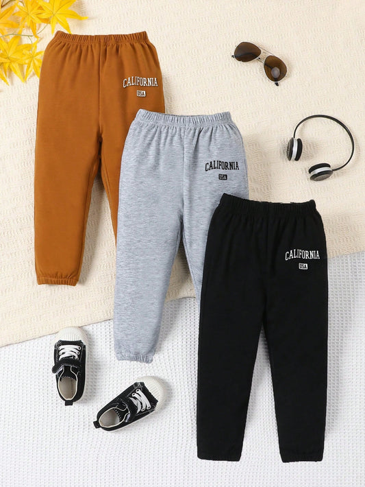 3pcs/Set Boys' Casual Letter Print Pants, Soft & Comfortable Knit Fabric, Sports College Style, Suitable For Outdoor Activities, School, Running, Cycling, Parties, Vacation And Daily Wear, Spring/Summ