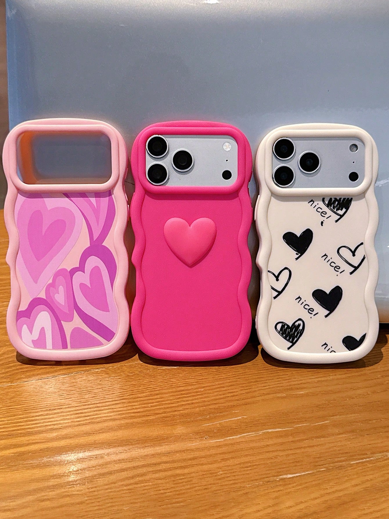 3pcs Set Cute Heart Print Phone Cases, Wavy Edge Matte Silicone TPU Protective Covers, Dopamine Pink/Beige/Pink, 3D Graffiti Heart Design, Compatible With IPhone 15/14/13/17 Pro Max/Galaxy S25 Ultra