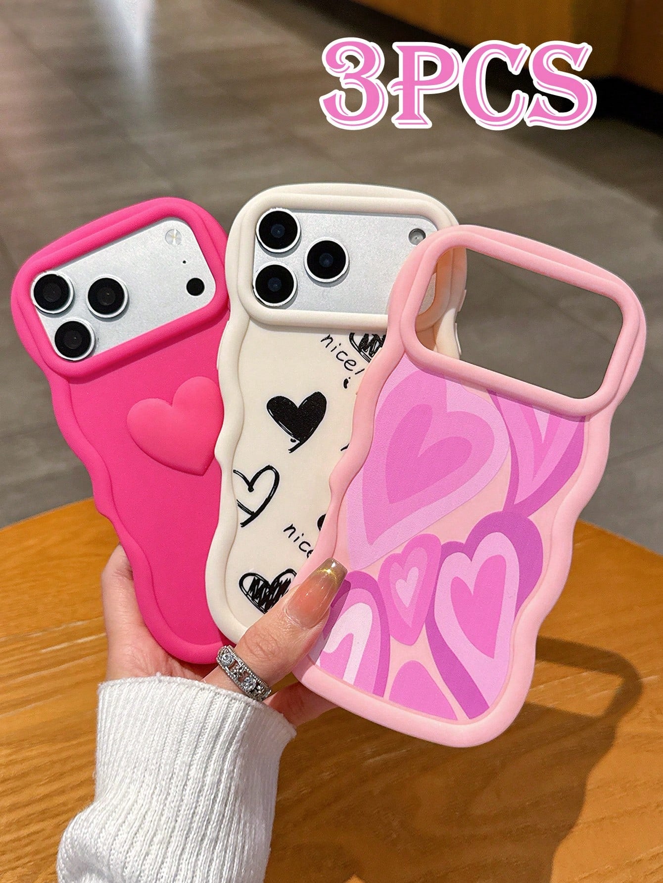3pcs Set Cute Heart Print Phone Cases, Wavy Edge Matte Silicone TPU Protective Covers, Dopamine Pink/Beige/Pink, 3D Graffiti Heart Design, Compatible With IPhone 15/14/13/17 Pro Max/Galaxy S25 Ultra