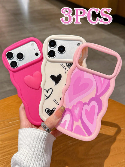 3pcs Set Cute Heart Print Phone Cases, Wavy Edge Matte Silicone TPU Protective Covers, Dopamine Pink/Beige/Pink, 3D Graffiti Heart Design, Compatible With IPhone 15/14/13/17 Pro Max/Galaxy S25 Ultra