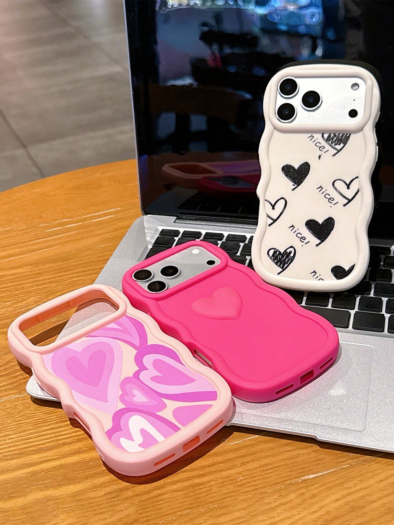 3pcs Set Cute Heart Print Phone Cases, Wavy Edge Matte Silicone TPU Protective Covers, Dopamine Pink/Beige/Pink, 3D Graffiti Heart Design, Compatible With IPhone 15/14/13/17 Pro Max/Galaxy S25 Ultra