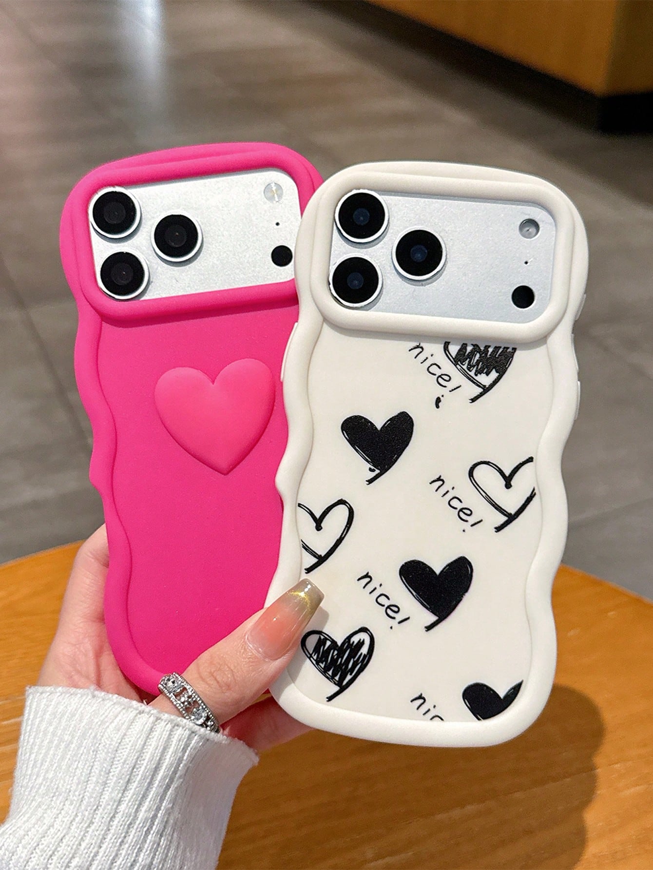 3pcs Set Cute Heart Print Phone Cases, Wavy Edge Matte Silicone TPU Protective Covers, Dopamine Pink/Beige/Pink, 3D Graffiti Heart Design, Compatible With IPhone 15/14/13/17 Pro Max/Galaxy S25 Ultra