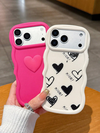 3pcs Set Cute Heart Print Phone Cases, Wavy Edge Matte Silicone TPU Protective Covers, Dopamine Pink/Beige/Pink, 3D Graffiti Heart Design, Compatible With IPhone 15/14/13/17 Pro Max/Galaxy S25 Ultra