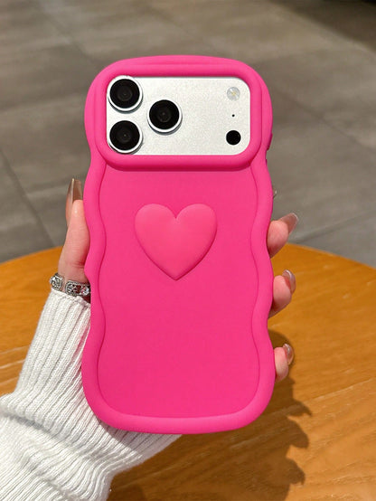 3pcs Set Cute Heart Print Phone Cases, Wavy Edge Matte Silicone TPU Protective Covers, Dopamine Pink/Beige/Pink, 3D Graffiti Heart Design, Compatible With IPhone 15/14/13/17 Pro Max/Galaxy S25 Ultra