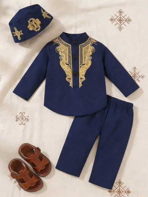3pcs/Set Infant Toddler Middle Style Outfit Navy Blue Autumn Wedding Guest Al-Adha Baby Boy Embroidered Pullover Top Pants & Beanie