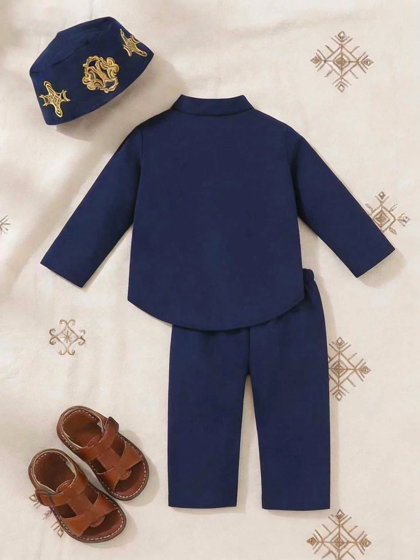 3pcs/Set Infant Toddler Middle Style Outfit Navy Blue Autumn Wedding Guest Al-Adha Baby Boy Embroidered Pullover Top Pants & Beanie