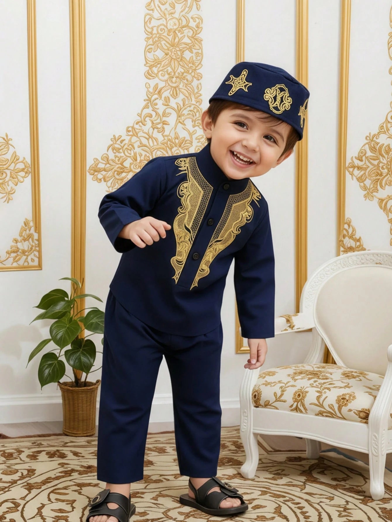 3pcs/Set Infant Toddler Middle Style Outfit Navy Blue Autumn Wedding Guest Al-Adha Baby Boy Embroidered Pullover Top Pants & Beanie
