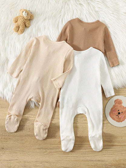 3pcs/Set Newborn Baby Boy Minimalist Comfortable Long Sleeve Round Neck Zipper Front Soft Knit Jumpsuit Fall Winter