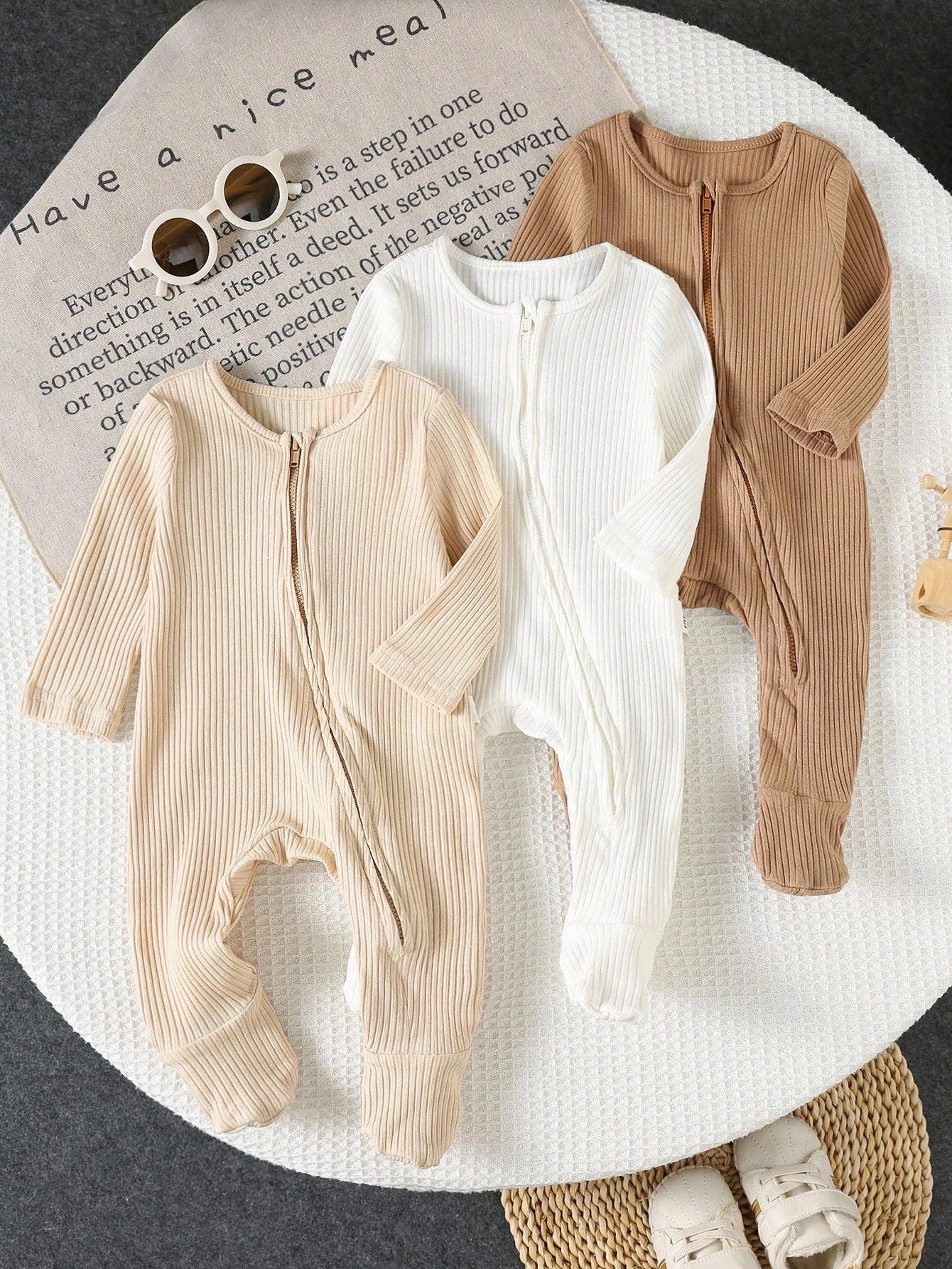 3pcs/Set Newborn Baby Boy Minimalist Comfortable Long Sleeve Round Neck Zipper Front Soft Knit Jumpsuit Fall Winter