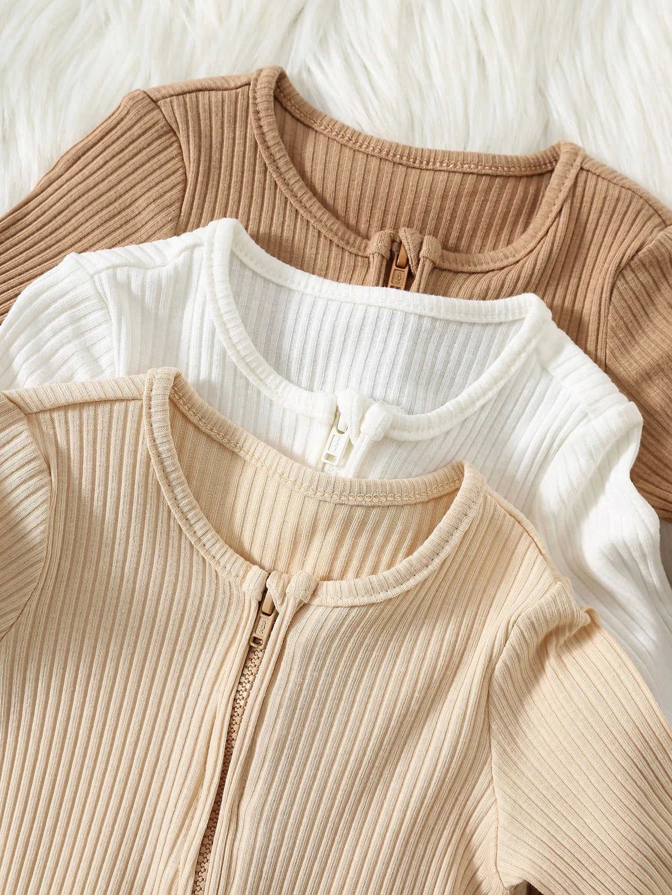 3pcs/Set Newborn Baby Boy Minimalist Comfortable Long Sleeve Round Neck Zipper Front Soft Knit Jumpsuit Fall Winter