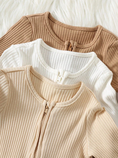 3pcs/Set Newborn Baby Boy Minimalist Comfortable Long Sleeve Round Neck Zipper Front Soft Knit Jumpsuit Fall Winter