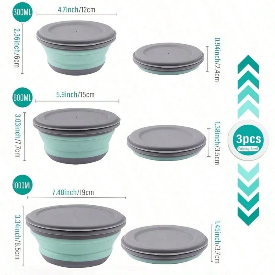 3pcs Silicone Folding Bowl With Lid- Portable Tableware, Suitable For Outdoor Travel, Picnics And Camping- Kitchen Extendable Folding Salad Plate And Food Bowl- Christmas And Valentine's Day Gift