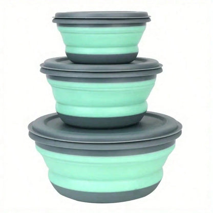 3pcs Silicone Folding Bowl With Lid- Portable Tableware, Suitable For Outdoor Travel, Picnics And Camping- Kitchen Extendable Folding Salad Plate And Food Bowl- Christmas And Valentine's Day Gift