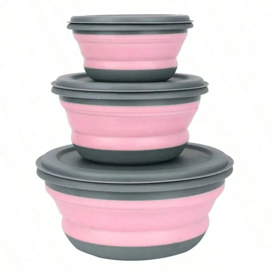3pcs Silicone Folding Bowl With Lid- Portable Tableware, Suitable For Outdoor Travel, Picnics And Camping- Kitchen Extendable Folding Salad Plate And Food Bowl- Christmas And Valentine's Day Gift