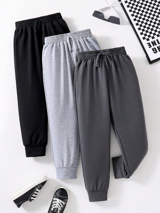 3pcs Solid Color Drawstring Young Boys Sweatpants