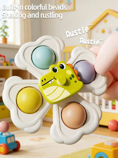3pcs Suction Cup Rotating Sensory Bath Toys, Dinosaur Tummy Time Crawling Toys, Montessori Educational STEM Puzzle For Baby Airplane Car Travel