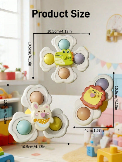 3pcs Suction Cup Rotating Sensory Bath Toys, Dinosaur Tummy Time Crawling Toys, Montessori Educational STEM Puzzle For Baby Airplane Car Travel