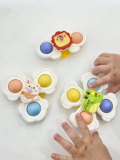3pcs Suction Cup Rotating Sensory Bath Toys, Dinosaur Tummy Time Crawling Toys, Montessori Educational STEM Puzzle For Baby Airplane Car Travel
