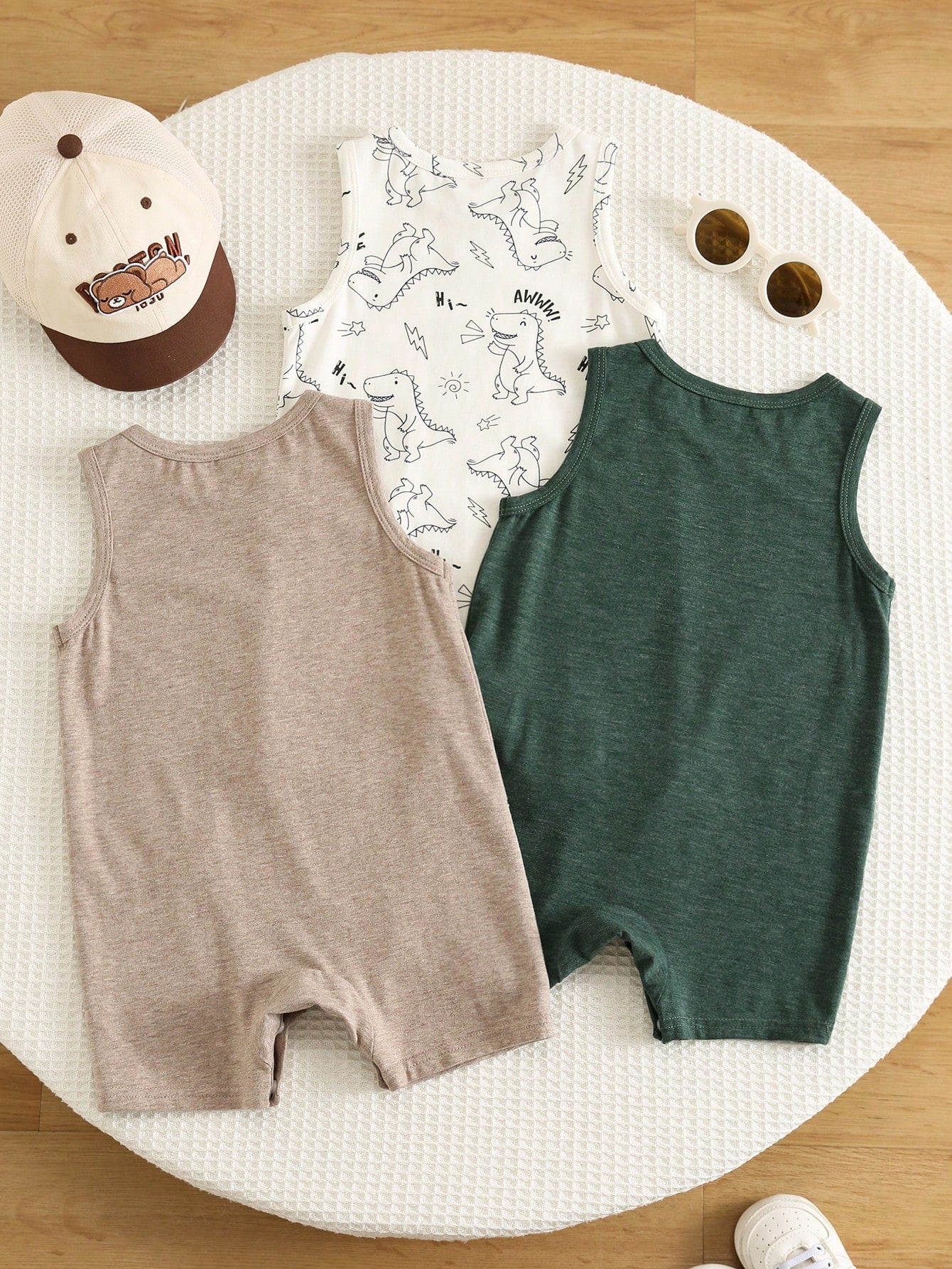 3pcs Unisex Baby Boy Baby Girl Cute Dinosaur Pattern Sleeveless Romper Shorts Cotton Set, Summer Baby Boy Clothes, 6pcs, Get 3pcs Random