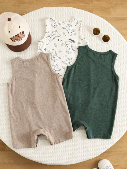 3pcs Unisex Baby Boy Baby Girl Cute Dinosaur Pattern Sleeveless Romper Shorts Cotton Set, Summer Baby Boy Clothes, 6pcs, Get 3pcs Random