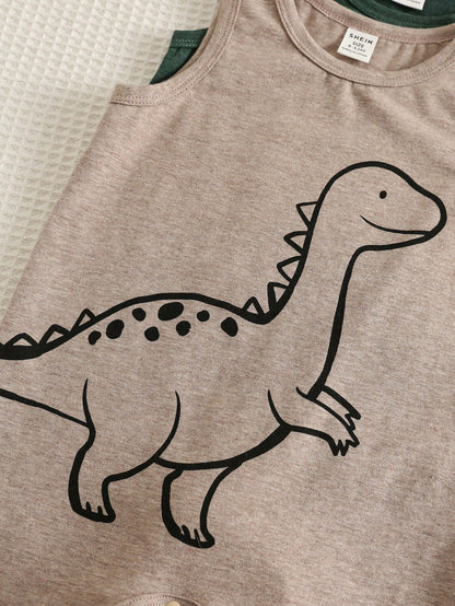 3pcs Unisex Baby Boy Baby Girl Cute Dinosaur Pattern Sleeveless Romper Shorts Cotton Set, Summer Baby Boy Clothes, 6pcs, Get 3pcs Random