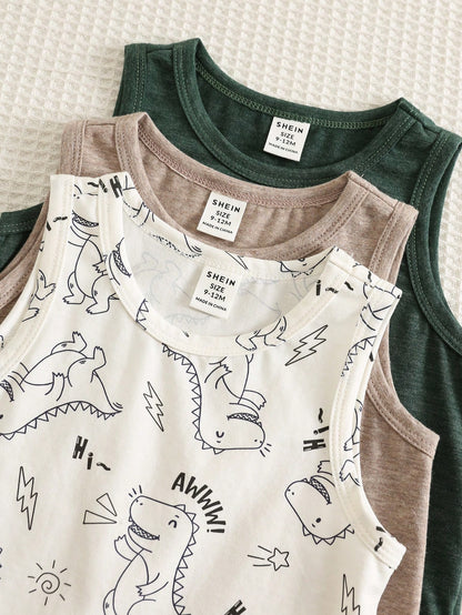 3pcs Unisex Baby Boy Baby Girl Cute Dinosaur Pattern Sleeveless Romper Shorts Cotton Set, Summer Baby Boy Clothes, 6pcs, Get 3pcs Random