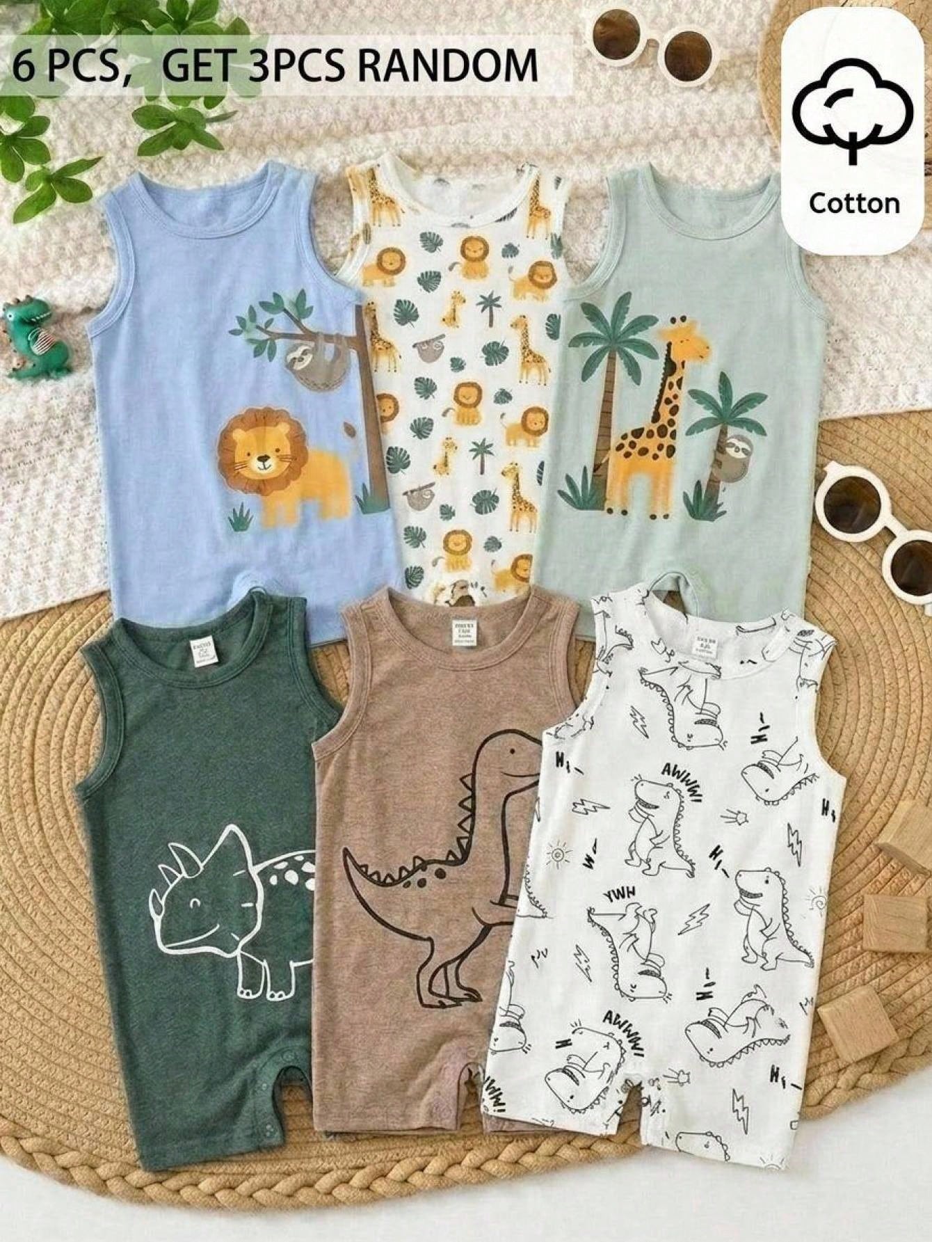 3pcs Unisex Baby Boy Baby Girl Cute Dinosaur Pattern Sleeveless Romper Shorts Cotton Set, Summer Baby Boy Clothes, 6pcs, Get 3pcs Random