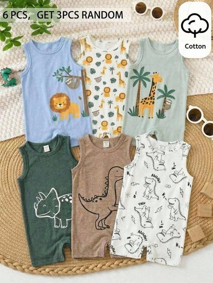 3pcs Unisex Baby Boy Baby Girl Cute Dinosaur Pattern Sleeveless Romper Shorts Cotton Set, Summer Baby Boy Clothes, 6pcs, Get 3pcs Random