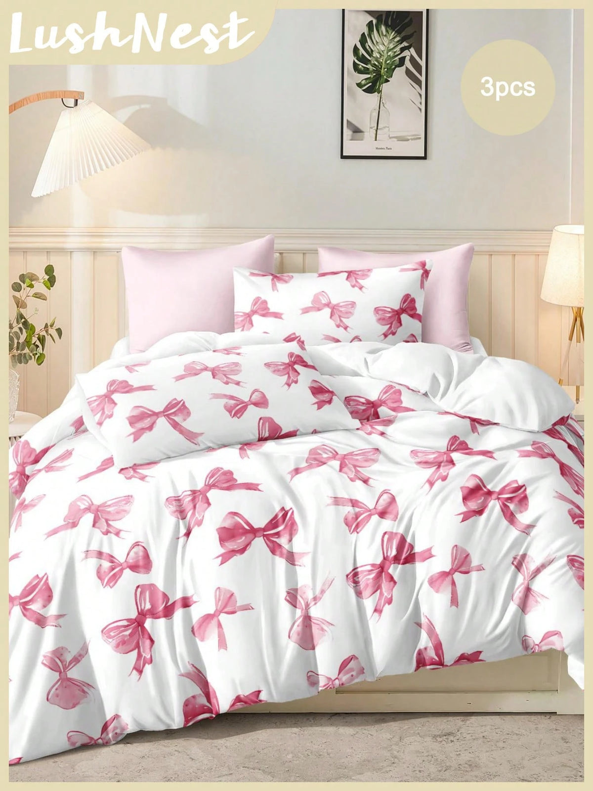 3pcs Watercolor Pink Bow Tie Valentine's Day Digital Print Bedding Set (1 Duvet Cover + 2 Pillowcases, Comforter Not Included), Cute Girly Style, Daily Use Soft Polyester Fabric, Suitable For All Seas