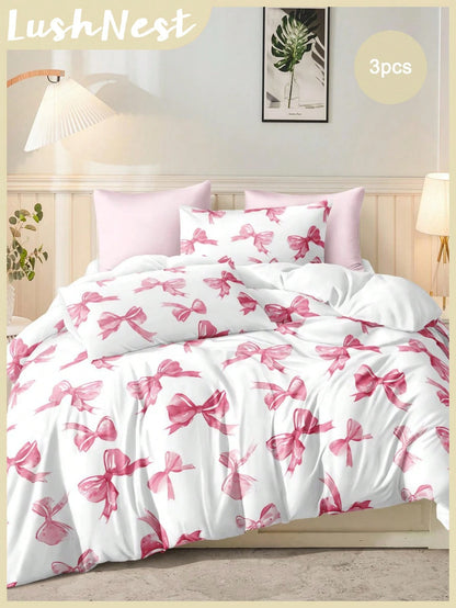 3pcs Watercolor Pink Bow Tie Valentine's Day Digital Print Bedding Set (1 Duvet Cover + 2 Pillowcases, Comforter Not Included), Cute Girly Style, Daily Use Soft Polyester Fabric, Suitable For All Seas