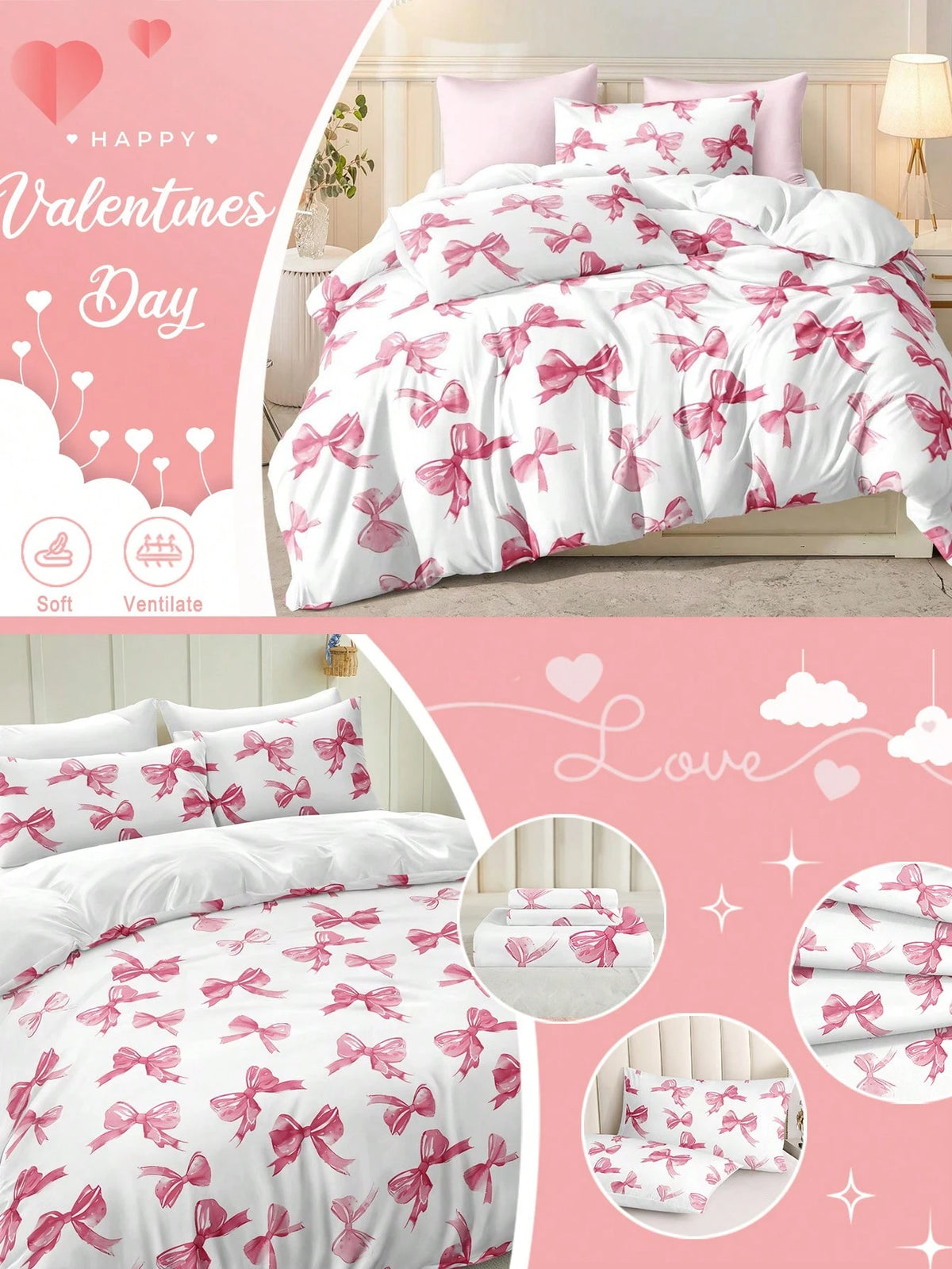 3pcs Watercolor Pink Bow Tie Valentine's Day Digital Print Bedding Set (1 Duvet Cover + 2 Pillowcases, Comforter Not Included), Cute Girly Style, Daily Use Soft Polyester Fabric, Suitable For All Seas