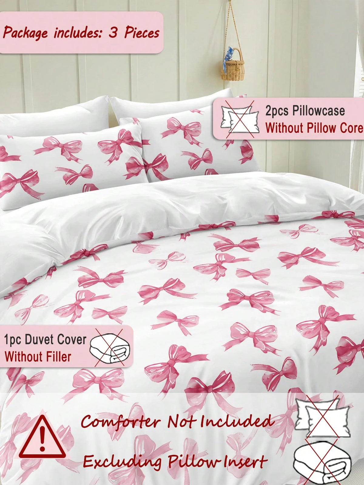 3pcs Watercolor Pink Bow Tie Valentine's Day Digital Print Bedding Set (1 Duvet Cover + 2 Pillowcases, Comforter Not Included), Cute Girly Style, Daily Use Soft Polyester Fabric, Suitable For All Seas