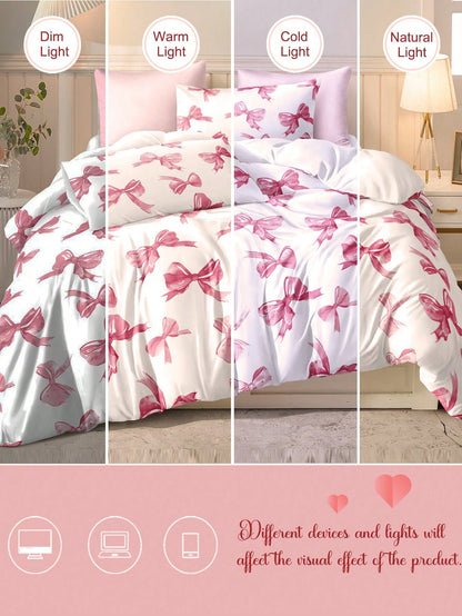 3pcs Watercolor Pink Bow Tie Valentine's Day Digital Print Bedding Set (1 Duvet Cover + 2 Pillowcases, Comforter Not Included), Cute Girly Style, Daily Use Soft Polyester Fabric, Suitable For All Seas