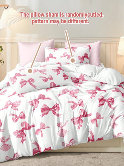 3pcs Watercolor Pink Bow Tie Valentine's Day Digital Print Bedding Set (1 Duvet Cover + 2 Pillowcases, Comforter Not Included), Cute Girly Style, Daily Use Soft Polyester Fabric, Suitable For All Seas