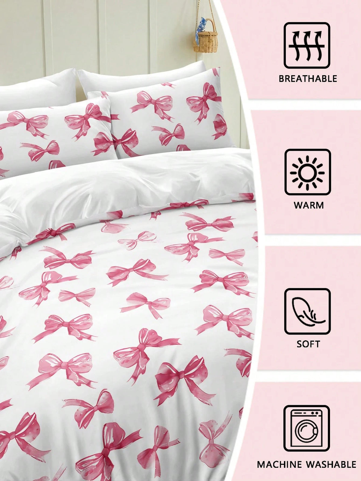 3pcs Watercolor Pink Bow Tie Valentine's Day Digital Print Bedding Set (1 Duvet Cover + 2 Pillowcases, Comforter Not Included), Cute Girly Style, Daily Use Soft Polyester Fabric, Suitable For All Seas