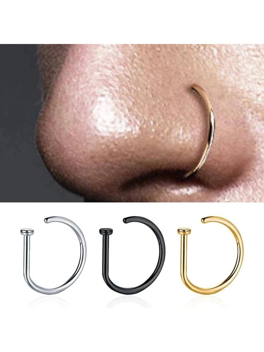 3Pcs Women Men Fake Piering Nose Ring Fashion D-Shape Punk Non Piercing Nose Clip Stainless Steel Perforation Septum Body Jewelry