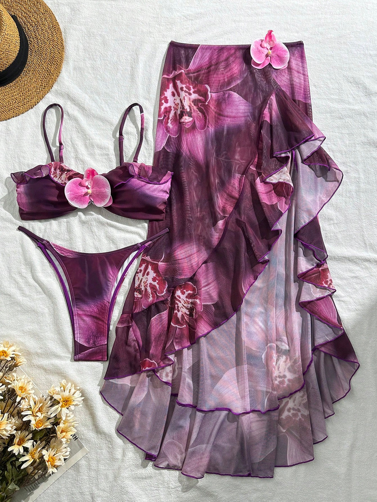 3pcs Women's Floral Print Elegant Sexy Backless 3D Flower Beach Dress Bikini Set, Spring/Summer Vacation