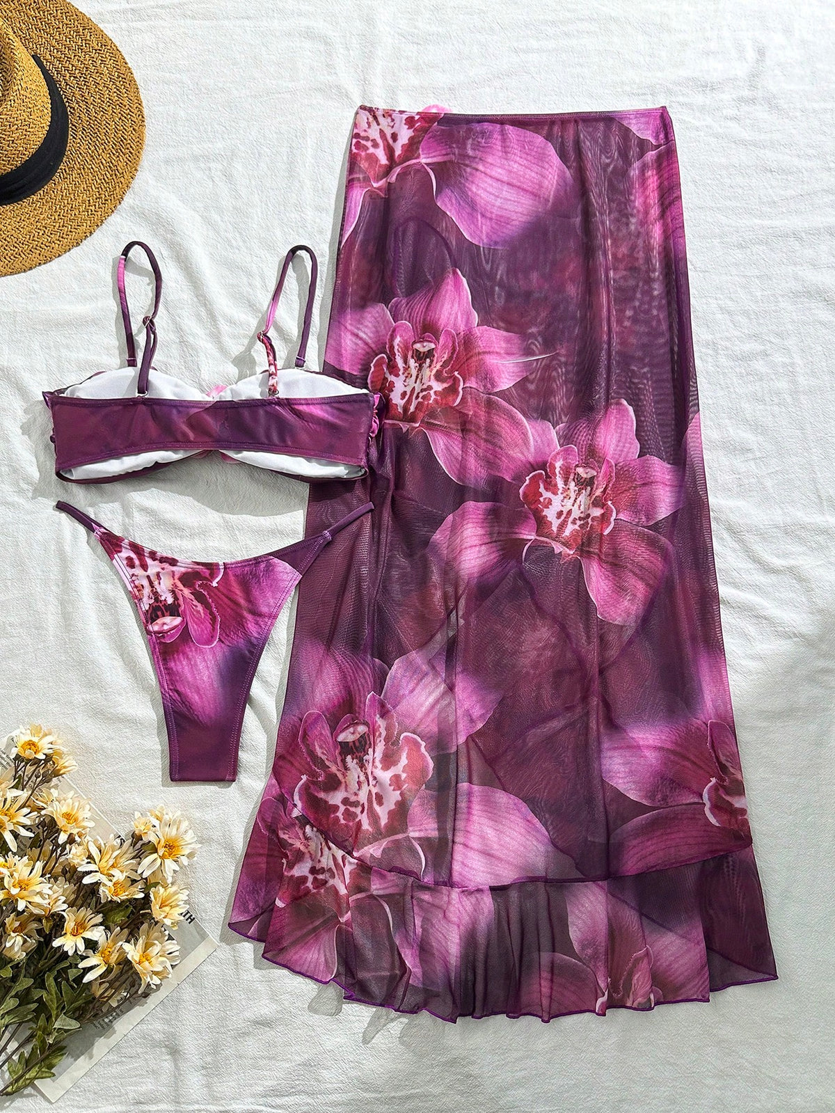 3pcs Women's Floral Print Elegant Sexy Backless 3D Flower Beach Dress Bikini Set, Spring/Summer Vacation