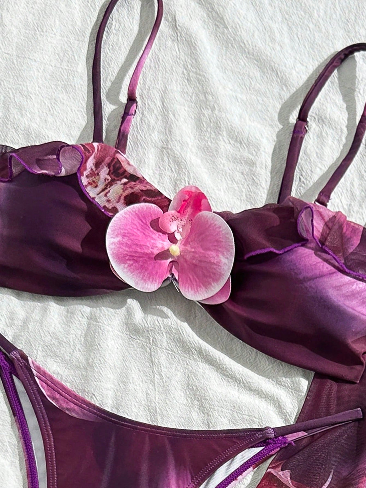 3pcs Women's Floral Print Elegant Sexy Backless 3D Flower Beach Dress Bikini Set, Spring/Summer Vacation