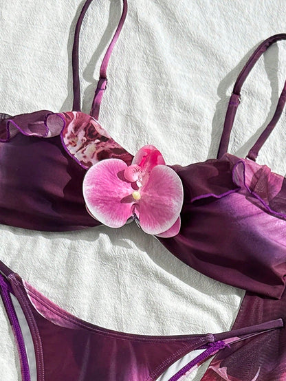 3pcs Women's Floral Print Elegant Sexy Backless 3D Flower Beach Dress Bikini Set, Spring/Summer Vacation