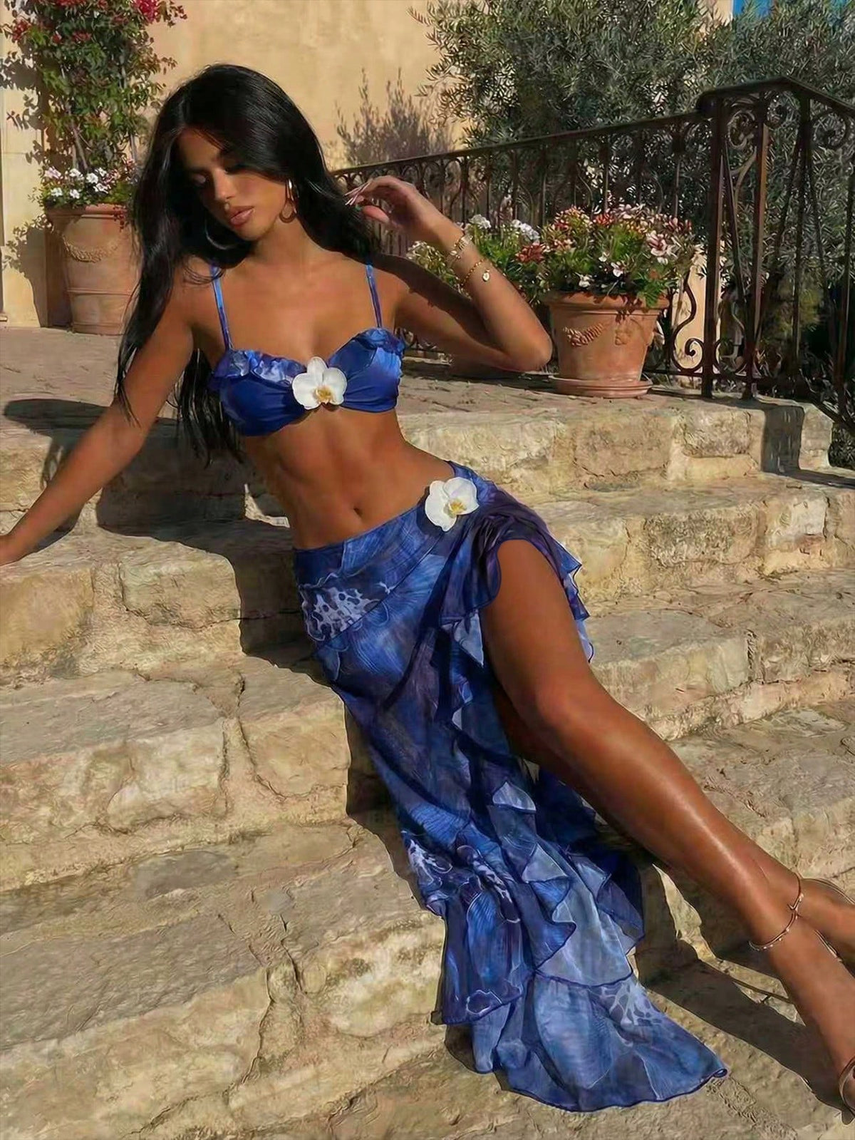 3pcs Women's Floral Print Elegant Sexy Backless 3D Flower Beach Dress Bikini Set, Spring/Summer Vacation