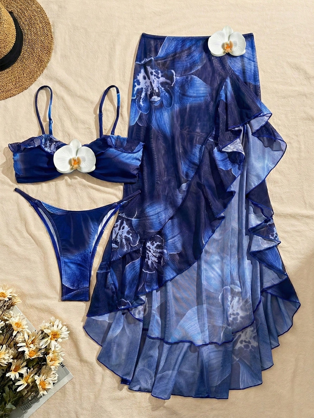 3pcs Women's Floral Print Elegant Sexy Backless 3D Flower Beach Dress Bikini Set, Spring/Summer Vacation