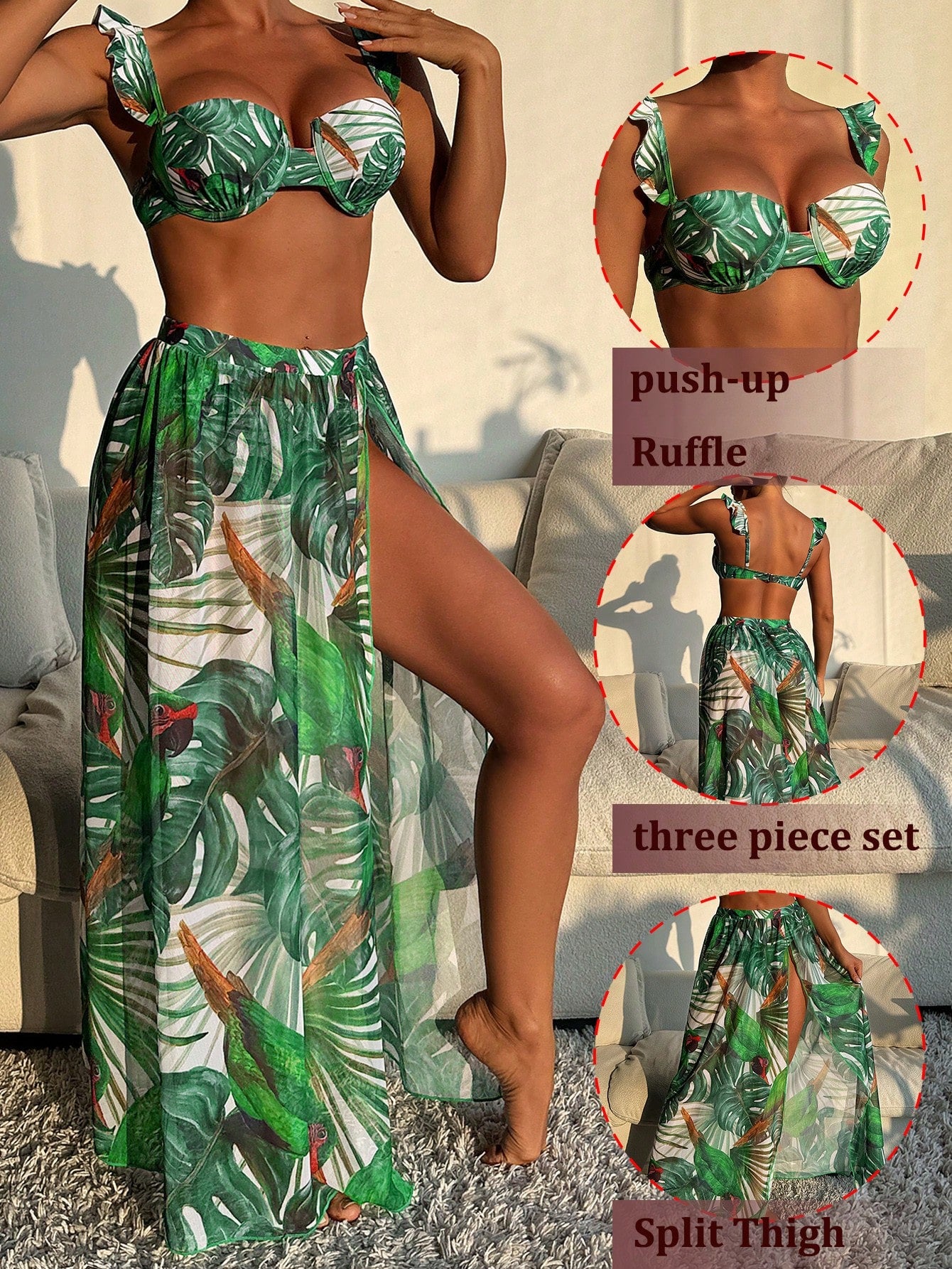 3pcs Women Summer Beach Vacation Outfit: Tropical Leaf Print Hard Cup Frill Strap Bikini Set + Printed Chiffon Sarong Skirt