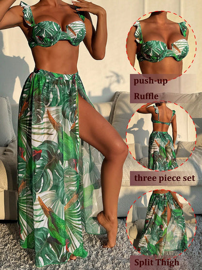 3pcs Women Summer Beach Vacation Outfit: Tropical Leaf Print Hard Cup Frill Strap Bikini Set + Printed Chiffon Sarong Skirt