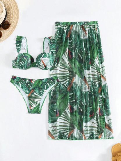 3pcs Women Summer Beach Vacation Outfit: Tropical Leaf Print Hard Cup Frill Strap Bikini Set + Printed Chiffon Sarong Skirt