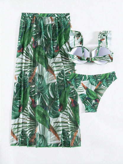 3pcs Women Summer Beach Vacation Outfit: Tropical Leaf Print Hard Cup Frill Strap Bikini Set + Printed Chiffon Sarong Skirt